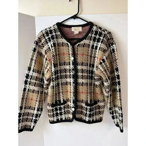 Vintage‎ Tally-Ho Sweater Woman’s Sz PS Nova Check Plaid Silver Buttons Cardigan